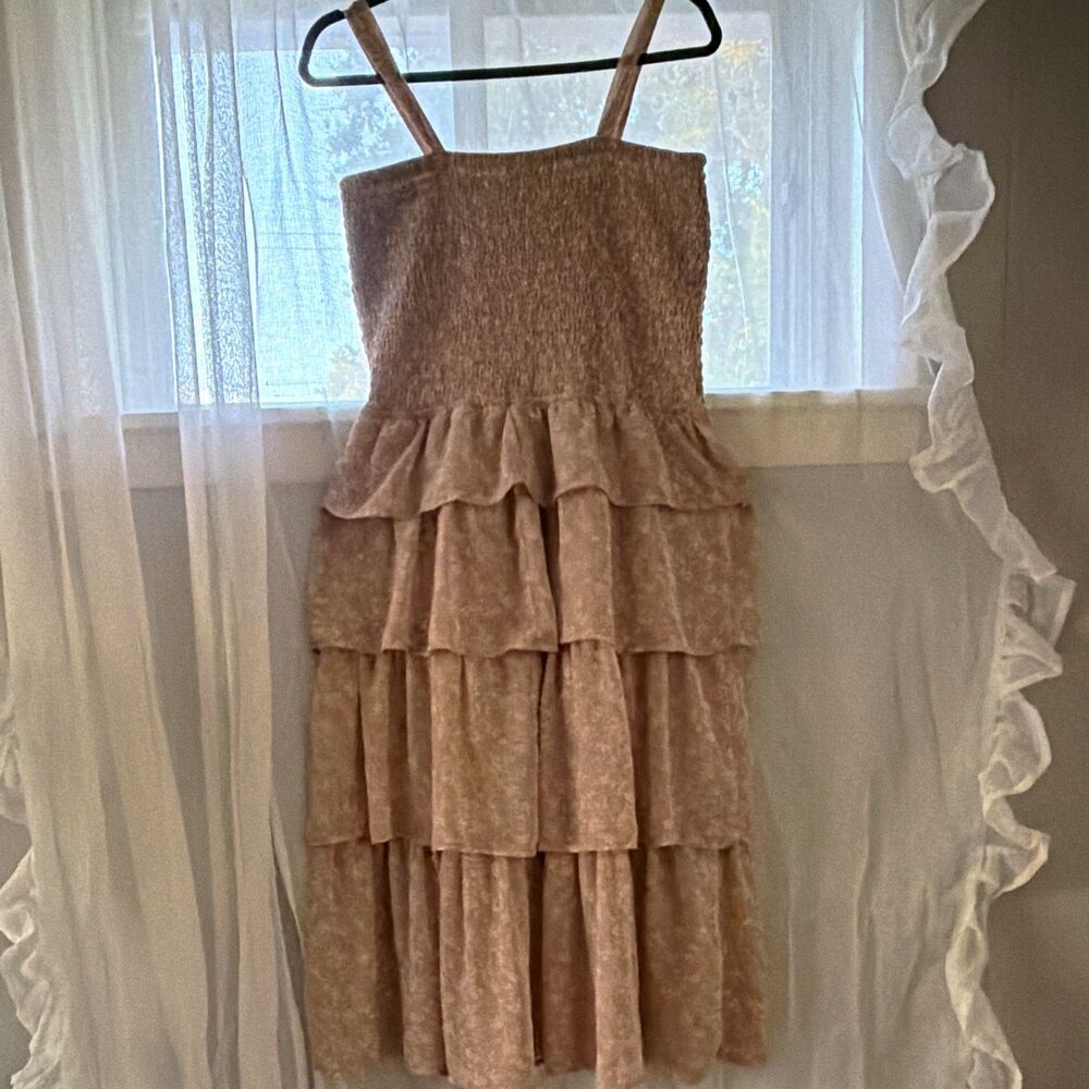Mimi Chica Beige Solid A-Line Square Neck Smocked Tiered Midi Dress XL